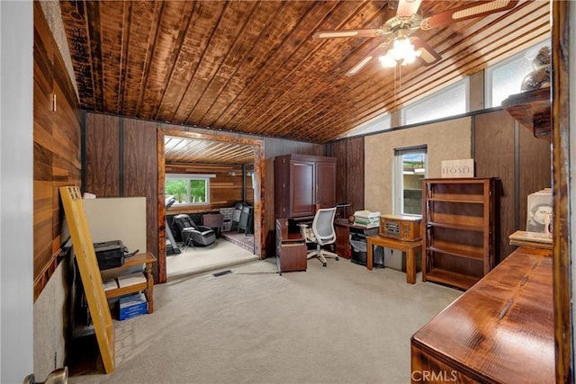 1005 E Woodland Ln, Glendora, CA 91741 - interior space featuring wood ceiling, wood walls, ceiling fan, carpet, and healthy amount of natural light
