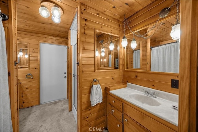 1005 E Woodland Ln, Glendora, CA 91741 - bathroom featuring wooden walls, wooden ceiling, and vanity