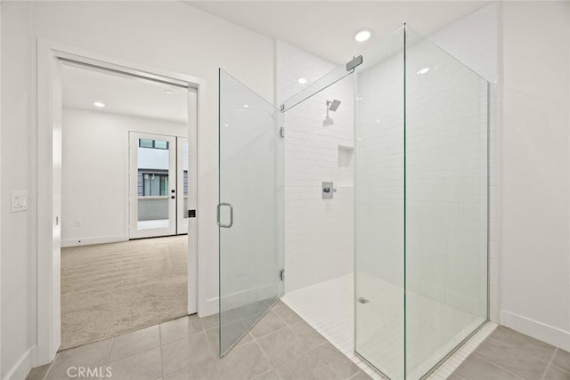 16321 Dawn Way Unit 108, Tustin, CA 92782 - full bath with a shower stall, tile patterned floors, baseboards, and recessed lighting