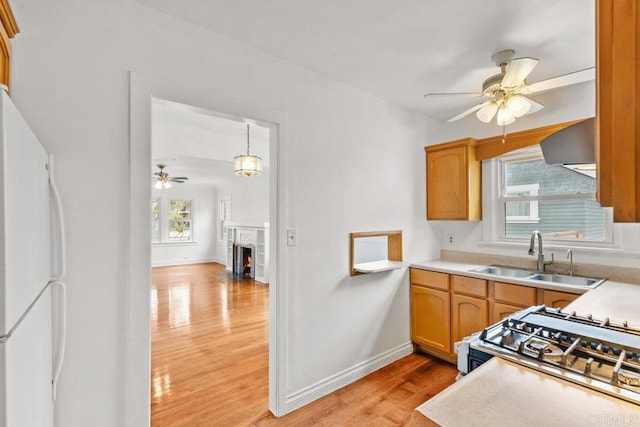 kitchen with ceiling fan, a sink, freestanding refrigerator, light wood-style flooring, and range hood