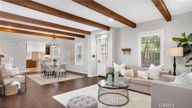 38 Upperbend, Irvine, CA 92618 - living area featuring beamed ceiling, wood finished floors, baseboards, and recessed lighting