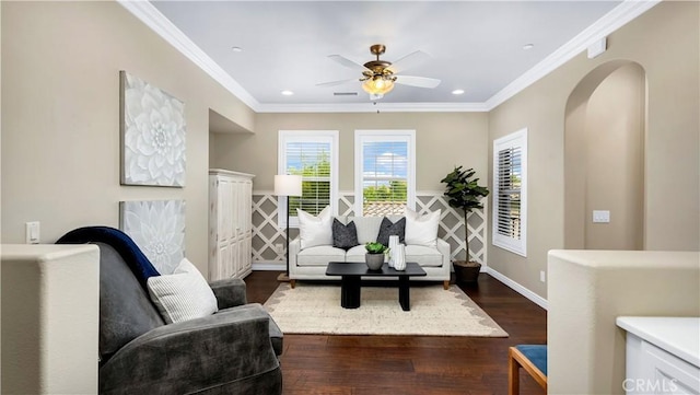 38 Upperbend, Irvine, CA 92618 - living area featuring dark wood-style floors, crown molding, a ceiling fan, arched walkways, and recessed lighting