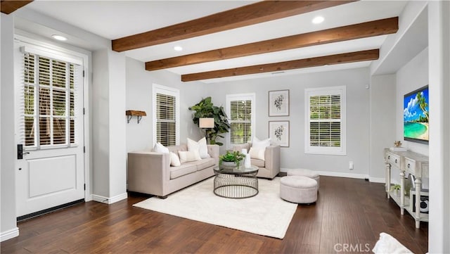 38 Upperbend, Irvine, CA 92618 - living area featuring baseboards, recessed lighting, dark wood finished floors, and beam ceiling