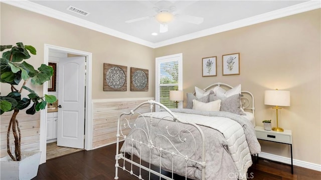 38 Upperbend, Irvine, CA 92618 - bedroom featuring ornamental molding, dark wood-style flooring, a ceiling fan, and baseboards