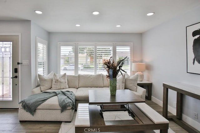 living area featuring recessed lighting, baseboards, and wood finished floors