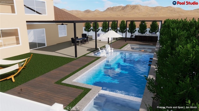 35712 Ginger Tree Dr, Winchester, CA 92596 - swimming pool featuring an in-ground hot tub, a deck with mountain view, and a patio