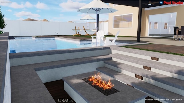35712 Ginger Tree Dr, Winchester, CA 92596 - view of swimming pool featuring a fenced backyard, an outdoor fire pit, and a patio