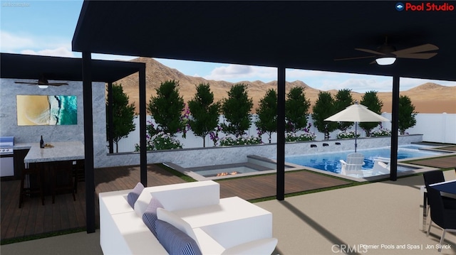 35712 Ginger Tree Dr, Winchester, CA 92596 - view of swimming pool with a ceiling fan, area for grilling, a patio area, and a deck with mountain view