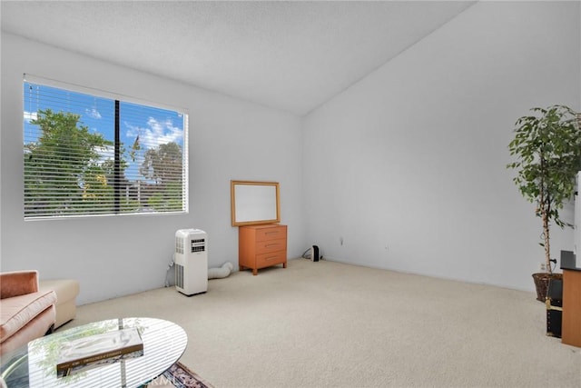 living area with carpet and vaulted ceiling