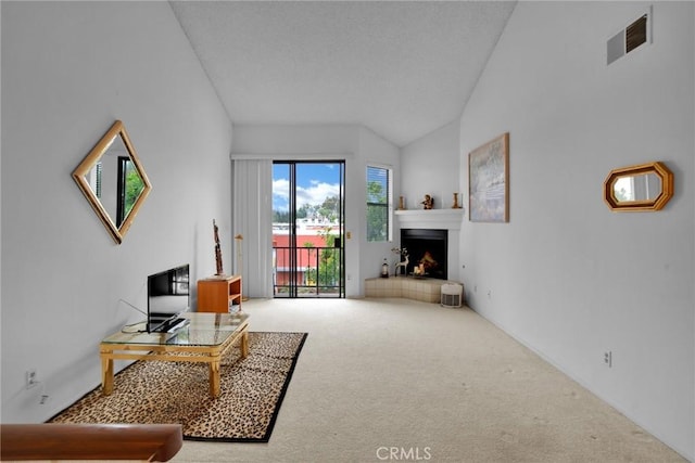 6323 Reseda Blvd Unit 44, Tarzana, CA 91335 - living area with carpet, lofted ceiling, and a lit fireplace