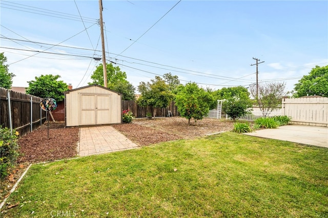 view of yard with a storage unit, a patio area, and an outbuilding