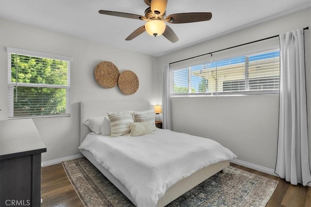 3821 W 183rd St, Torrance, CA 90504 - bedroom with baseboards, dark wood-style flooring, and ceiling fan