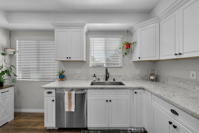 3821 W 183rd St, Torrance, CA 90504 - kitchen with dishwasher, a sink, white cabinetry, dark wood-type flooring, and baseboards