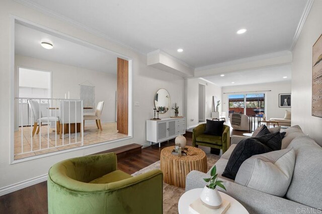 5426 Dwight St, San Diego, CA 92105 - living area featuring wood finished floors, crown molding, and recessed lighting