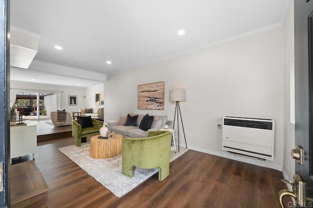 5426 Dwight St, San Diego, CA 92105 - living room featuring heating unit, wood finished floors, recessed lighting, and ornamental molding