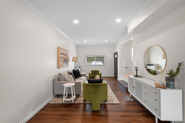 5426 Dwight St, San Diego, CA 92105 - living room featuring ornamental molding, recessed lighting, and dark wood finished floors