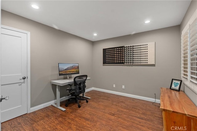 office area featuring wood finished floors, baseboards, and recessed lighting