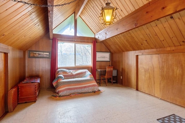 bedroom featuring wooden walls, tile patterned floors, and wooden ceiling