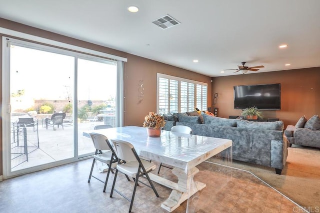 dining area with recessed lighting and ceiling fan