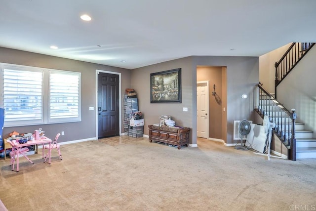 game room with carpet, baseboards, and recessed lighting