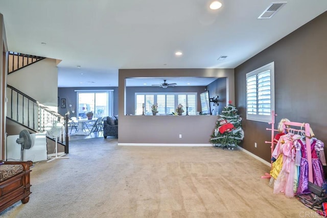 recreation room with recessed lighting, carpet, ceiling fan, and baseboards