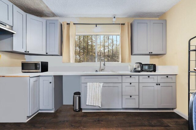 1703 W 25th St, Los Angeles, CA 90018 - kitchen with stainless steel microwave, a sink, a textured ceiling, dark wood-type flooring, and light countertops