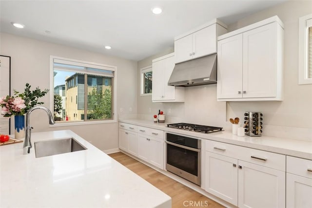 554 Catalonia, Lake Forest, CA 92630 - kitchen featuring stainless steel appliances, ventilation hood, a sink, light wood-type flooring, and white cabinetry
