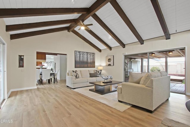 living area featuring light wood-type flooring, beam ceiling, ceiling fan, baseboards, and wood ceiling