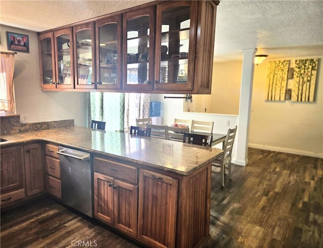 8149 Langdon Ave, Hesperia, CA 92345 - kitchen with a textured ceiling, a peninsula, dark wood finished floors, stainless steel dishwasher, and glass insert cabinets