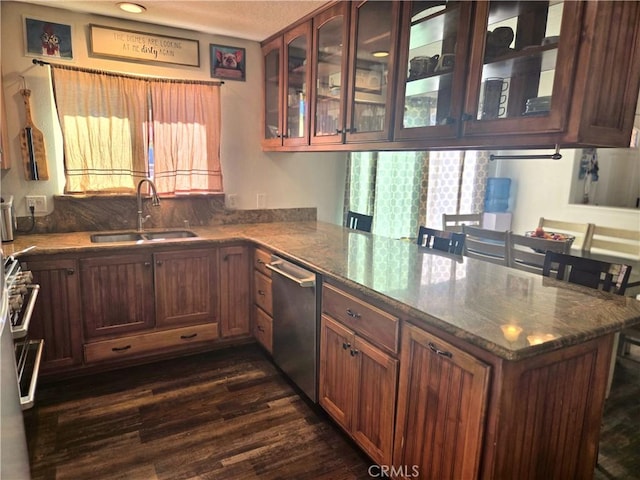 8149 Langdon Ave, Hesperia, CA 92345 - kitchen with a sink, appliances with stainless steel finishes, a peninsula, dark wood finished floors, and glass insert cabinets