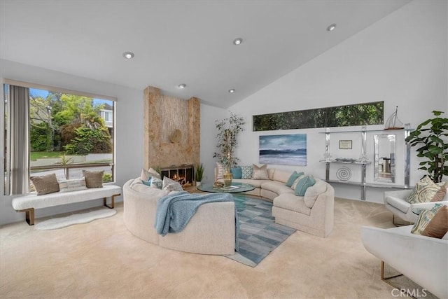 1467 18th St, Manhattan Beach, CA 90266 - living area featuring a large fireplace, carpet flooring, high vaulted ceiling, and recessed lighting