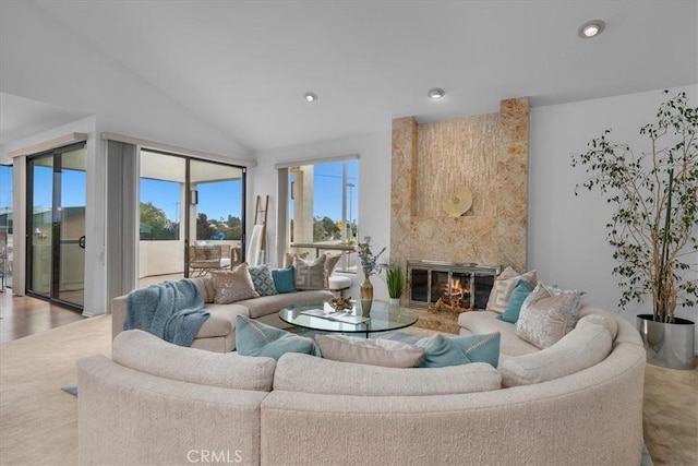 1467 18th St, Manhattan Beach, CA 90266 - living area with vaulted ceiling, a fireplace, and recessed lighting