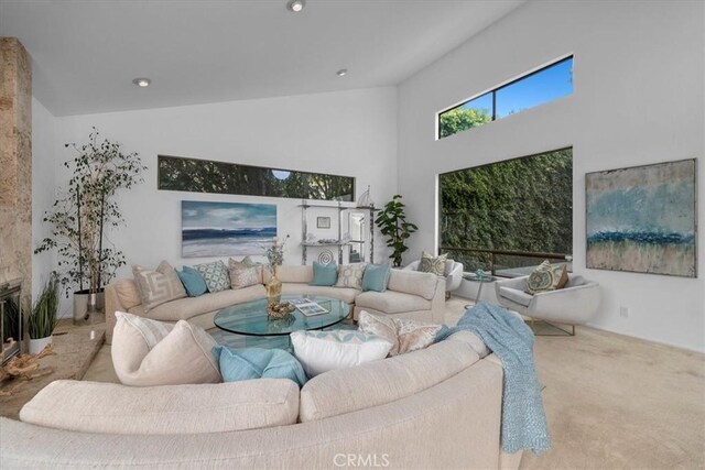 1467 18th St, Manhattan Beach, CA 90266 - living area featuring high vaulted ceiling, carpet, and recessed lighting