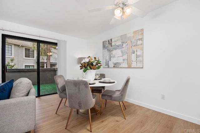 15048 Avenida Venusto Unit 255, San Diego, CA 92128 - dining area with light wood-type flooring, baseboards, a ceiling fan, and a fireplace
