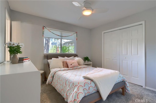 45792 Sutton Dr, Oakhurst, CA 93644 - bedroom with carpet, a closet, ceiling fan, and baseboards