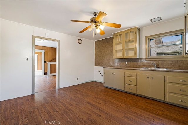 440 S Plumas St, Willows, CA 95988 - kitchen with a ceiling fan, dark wood-style floors, tasteful backsplash, a sink, and ornamental molding