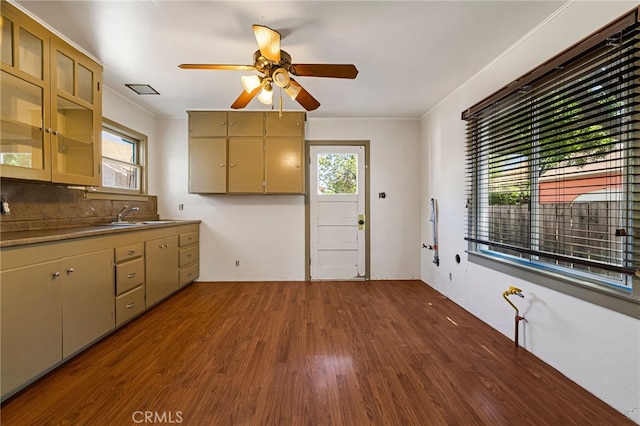 440 S Plumas St, Willows, CA 95988 - kitchen featuring dark wood finished floors, a ceiling fan, backsplash, a sink, and glass insert cabinets