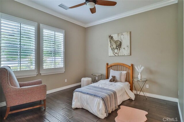 341 Blake Ridge Ct, Thousand Oaks, CA 91361 - bedroom featuring baseboards, crown molding, hardwood / wood-style flooring, and ceiling fan