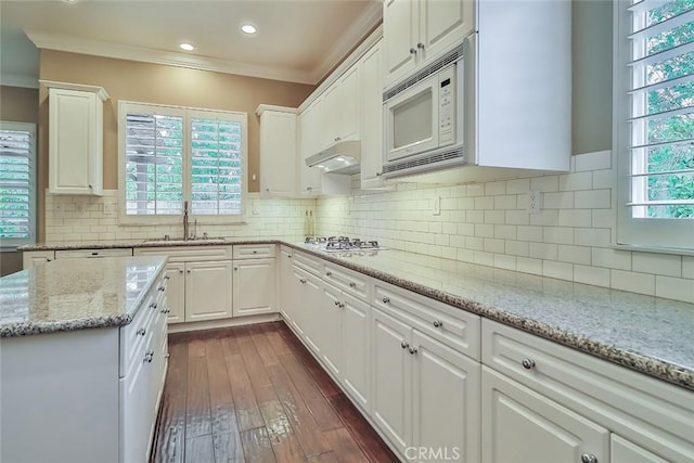 341 Blake Ridge Ct, Thousand Oaks, CA 91361 - kitchen with white microwave, crown molding, white cabinetry, a sink, and dark wood-style floors