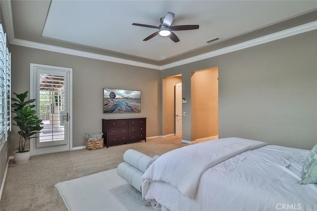 341 Blake Ridge Ct, Thousand Oaks, CA 91361 - bedroom with carpet floors, ornamental molding, baseboards, access to outside, and a ceiling fan
