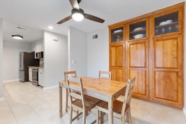 2150 Pepper Tree Pl, Escondido, CA 92026 - dining room featuring a ceiling fan, baseboards, light tile patterned flooring, and recessed lighting