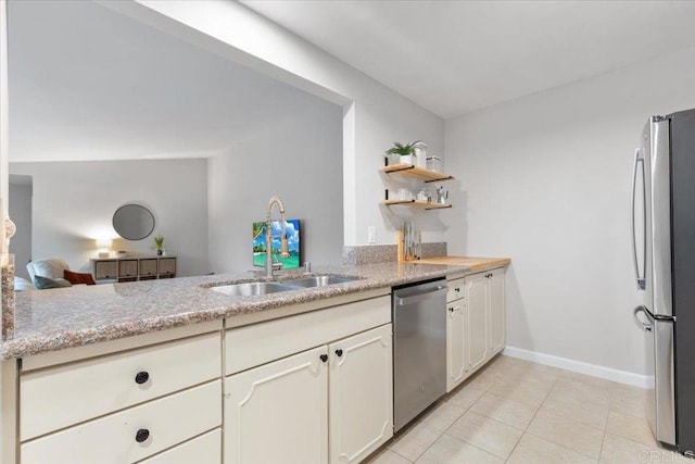 2150 Pepper Tree Pl, Escondido, CA 92026 - kitchen with stainless steel appliances, a sink, light tile patterned floors, open shelves, and white cabinets