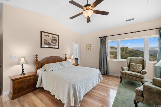 2389 Eric Rd, Fallbrook, CA 92028 - bedroom featuring lofted ceiling, light wood-style floors, baseboards, and ceiling fan