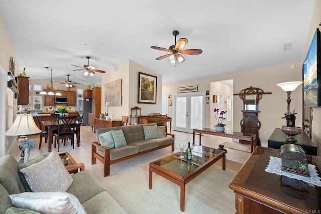 2389 Eric Rd, Fallbrook, CA 92028 - living area featuring ceiling fan, light tile patterned floors, and lofted ceiling
