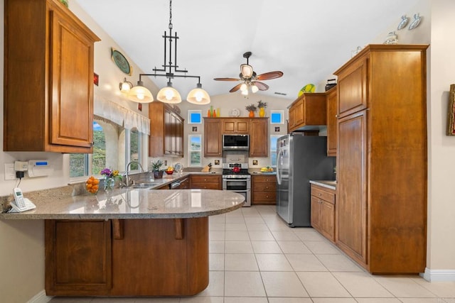 2389 Eric Rd, Fallbrook, CA 92028 - kitchen featuring stainless steel appliances, a peninsula, ceiling fan, a sink, and lofted ceiling