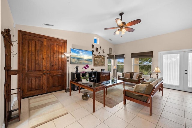 2389 Eric Rd, Fallbrook, CA 92028 - living area featuring ceiling fan, light tile patterned flooring, and vaulted ceiling