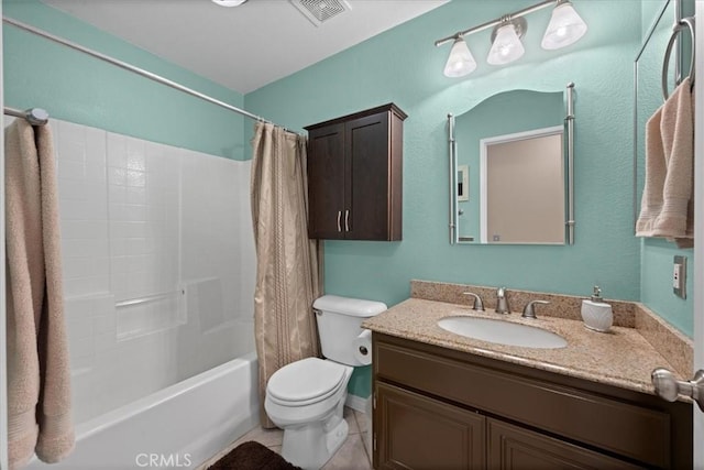 full bath featuring toilet, vanity, shower / bath combination with curtain, and tile patterned flooring