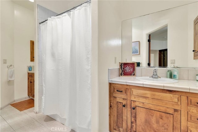 31024 Rabbit Springs Rd, Lucerne Valley, CA 92356 - bathroom with vanity, a shower with curtain, and tile patterned flooring