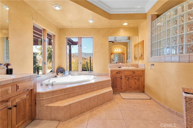 31024 Rabbit Springs Rd, Lucerne Valley, CA 92356 - bathroom featuring a bath, tile patterned floors, ceiling fan, two vanities, and recessed lighting
