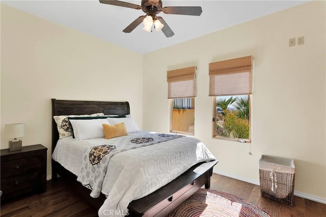 31024 Rabbit Springs Rd, Lucerne Valley, CA 92356 - bedroom featuring baseboards, wood finished floors, and a ceiling fan